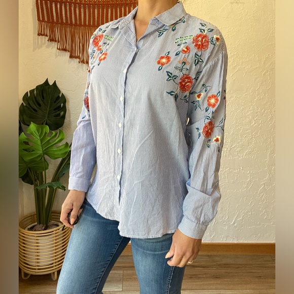 beachlunchlounge Tops - beachlunchlounge Blue and White Striped Button Up Top with Floral Embroidery